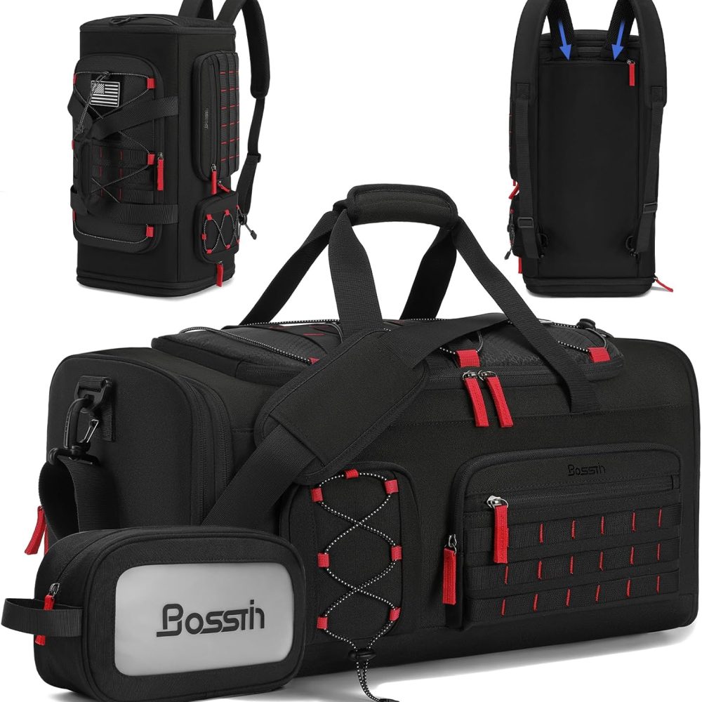 Bosstin Gym Bag for Men & Women, 45L Travel Duffle Sports Duffel Bag Gym Weekender Overnight Backpack with Shoe Compartment (Black)