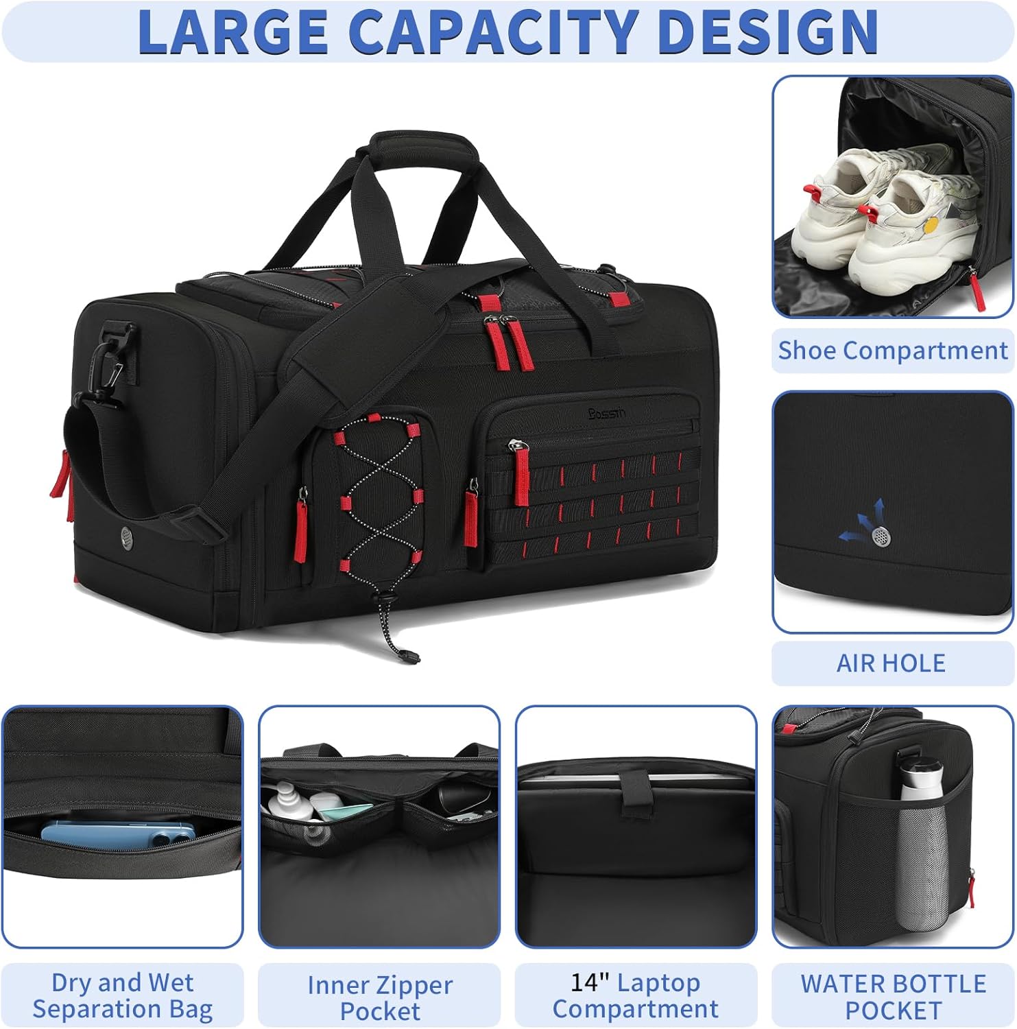 Bosstin Gym Bag for Men & Women, 45L Travel Duffle Sports Duffel Bag Gym Weekender Overnight Backpack with Shoe Compartment (Black) - Image 3