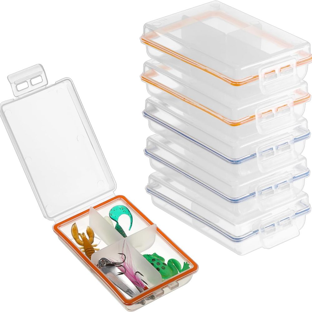 JUXYES Pack of 6 Plastic Small Fishing Tackle Box Organizer with 4 Compartments, Clear Mini Fishing Tackle Storage Boxes with Dividers, Transparent Fish Pocket Tackle Storage Box Lure Box