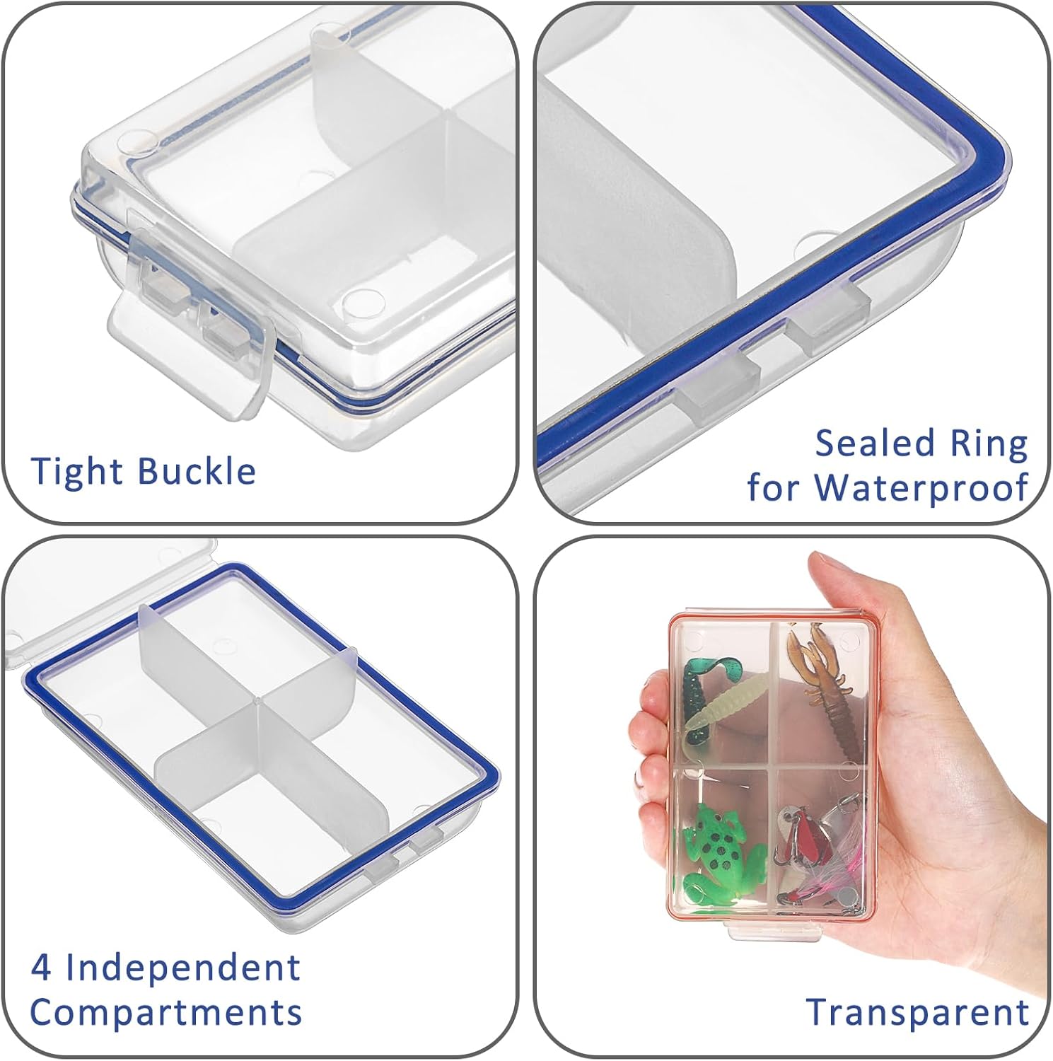 JUXYES Pack of 6 Plastic Small Fishing Tackle Box Organizer with 4 Compartments, Clear Mini Fishing Tackle Storage Boxes with Dividers, Transparent Fish Pocket Tackle Storage Box Lure Box - Image 3