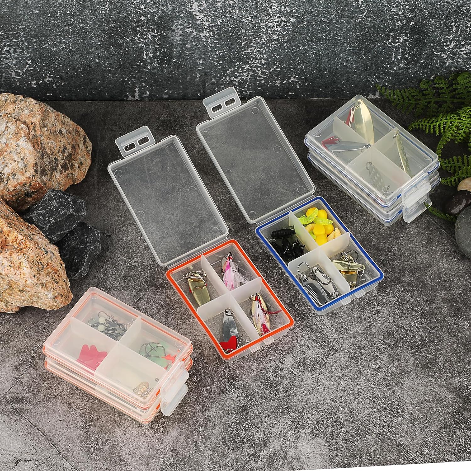 JUXYES Pack of 6 Plastic Small Fishing Tackle Box Organizer with 4 Compartments, Clear Mini Fishing Tackle Storage Boxes with Dividers, Transparent Fish Pocket Tackle Storage Box Lure Box - Image 5