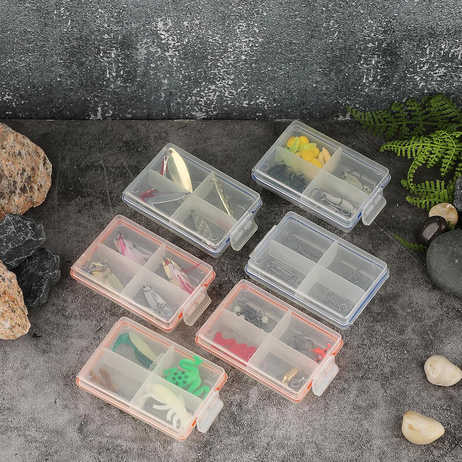 JUXYES Pack of 6 Plastic Small Fishing Tackle Box Organizer with 4 Compartments, Clear Mini Fishing Tackle Storage Boxes with Dividers, Transparent Fish Pocket Tackle Storage Box Lure Box - Image 7