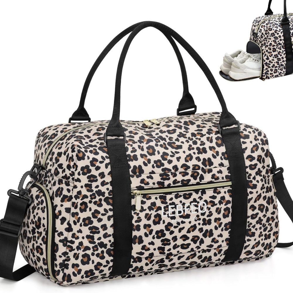 LEBFEO Travel Duffle Bag for Women Large Weekender Overnight Bags Gym Bag with Shoe Compartment Waterproof Hospital Bag Carry On Tote Bag for Airplanes,Leopard
