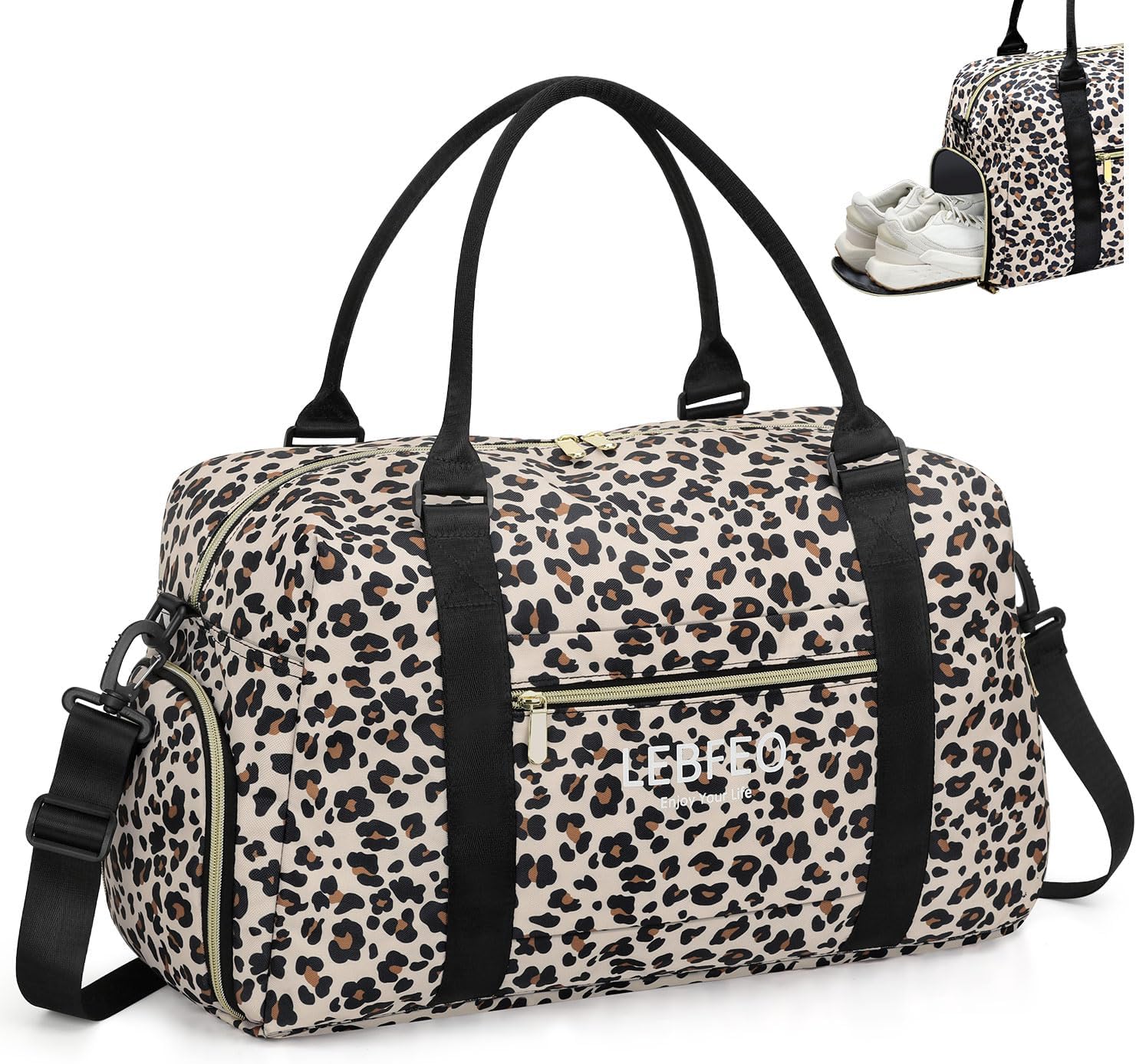 LEBFEO Travel Duffle Bag for Women Large Weekender Overnight Bags Gym Bag with Shoe Compartment Waterproof Hospital Bag Carry On Tote Bag for Airplanes,Leopard