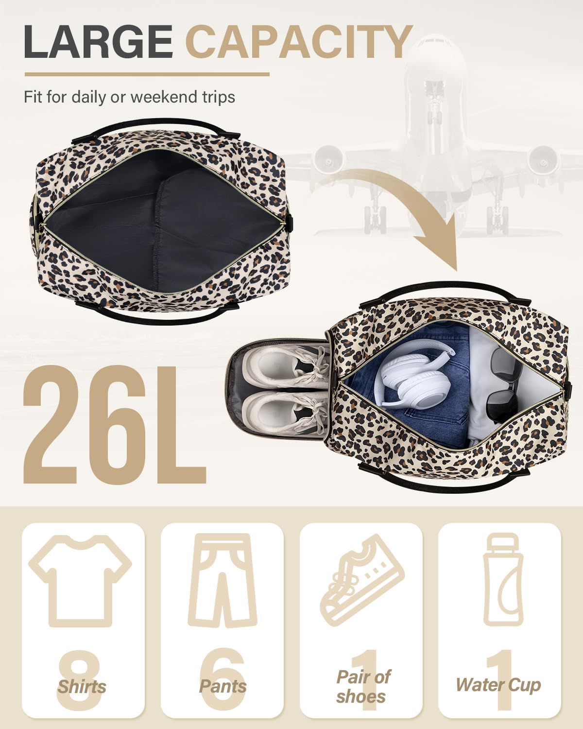 LEBFEO Travel Duffle Bag for Women Large Weekender Overnight Bags Gym Bag with Shoe Compartment Waterproof Hospital Bag Carry On Tote Bag for Airplanes,Leopard - Image 2
