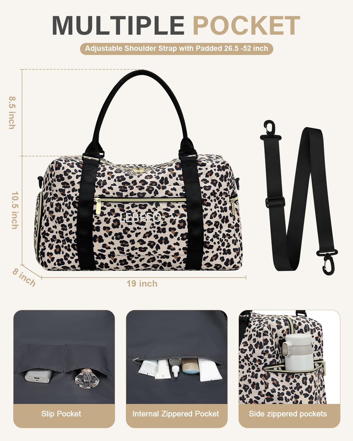 LEBFEO Travel Duffle Bag for Women Large Weekender Overnight Bags Gym Bag with Shoe Compartment Waterproof Hospital Bag Carry On Tote Bag for Airplanes,Leopard - Image 3