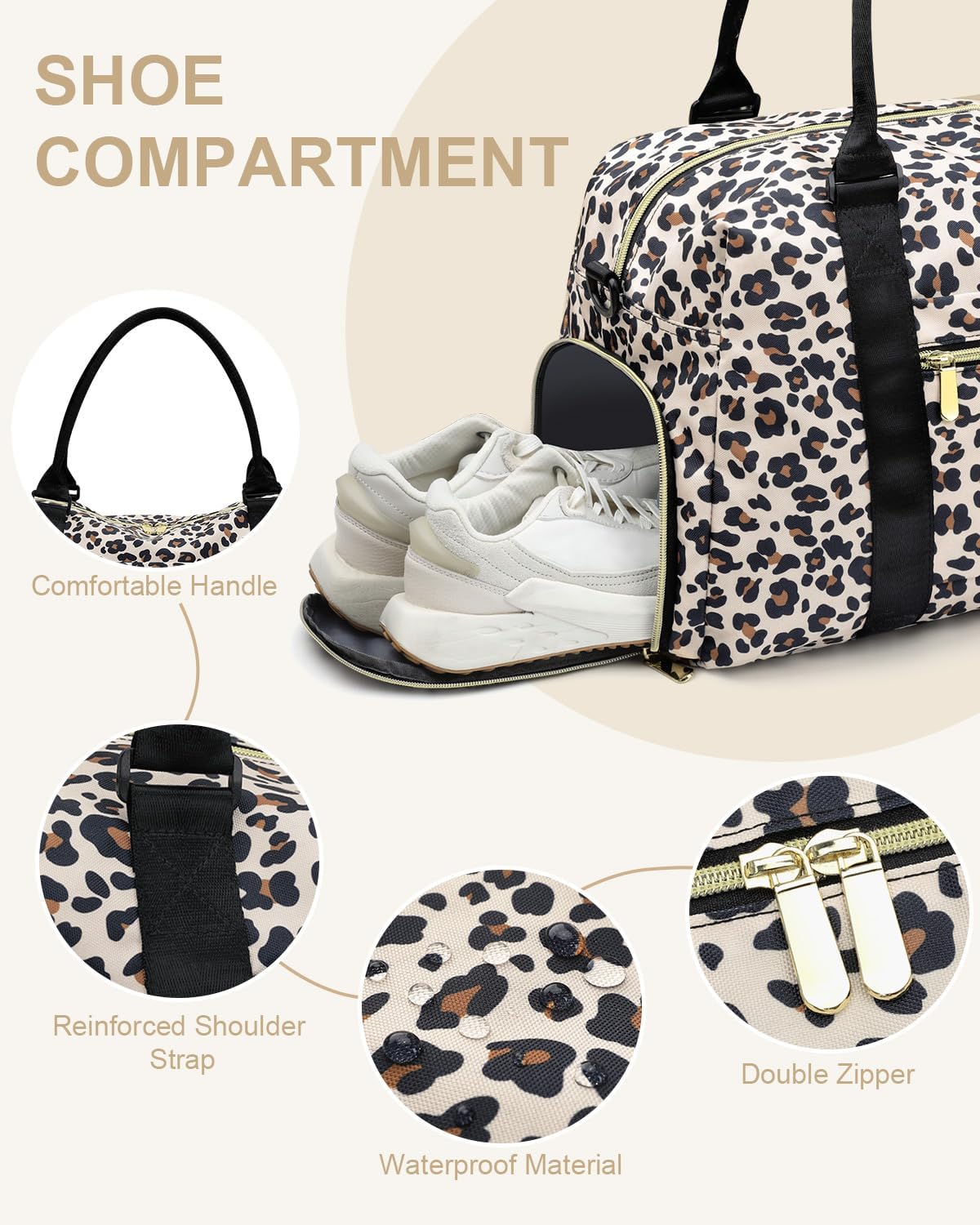 LEBFEO Travel Duffle Bag for Women Large Weekender Overnight Bags Gym Bag with Shoe Compartment Waterproof Hospital Bag Carry On Tote Bag for Airplanes,Leopard - Image 5